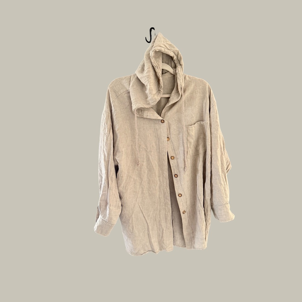 Environment Friendly Tan Linen Hooded Button Up Shirt Women 1X  Boho Tan